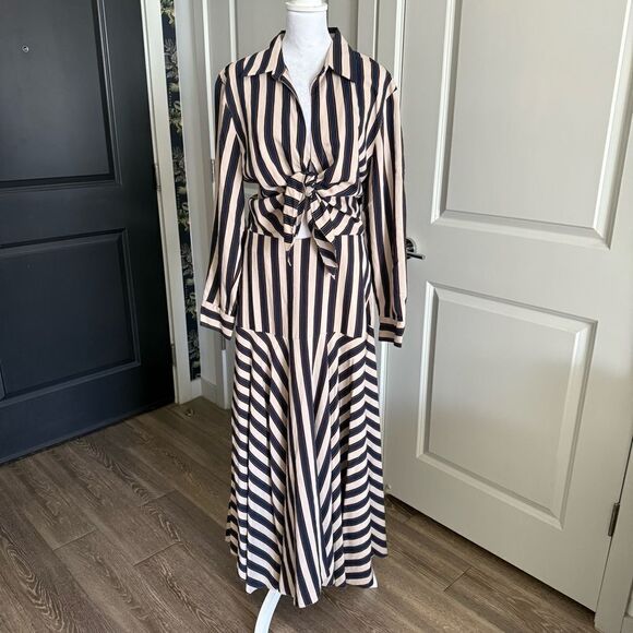 Sandro Striped Long Sleeve Tie Waist Maxi Shirt Dress Size FR 42 US L - Picture 2 of 10